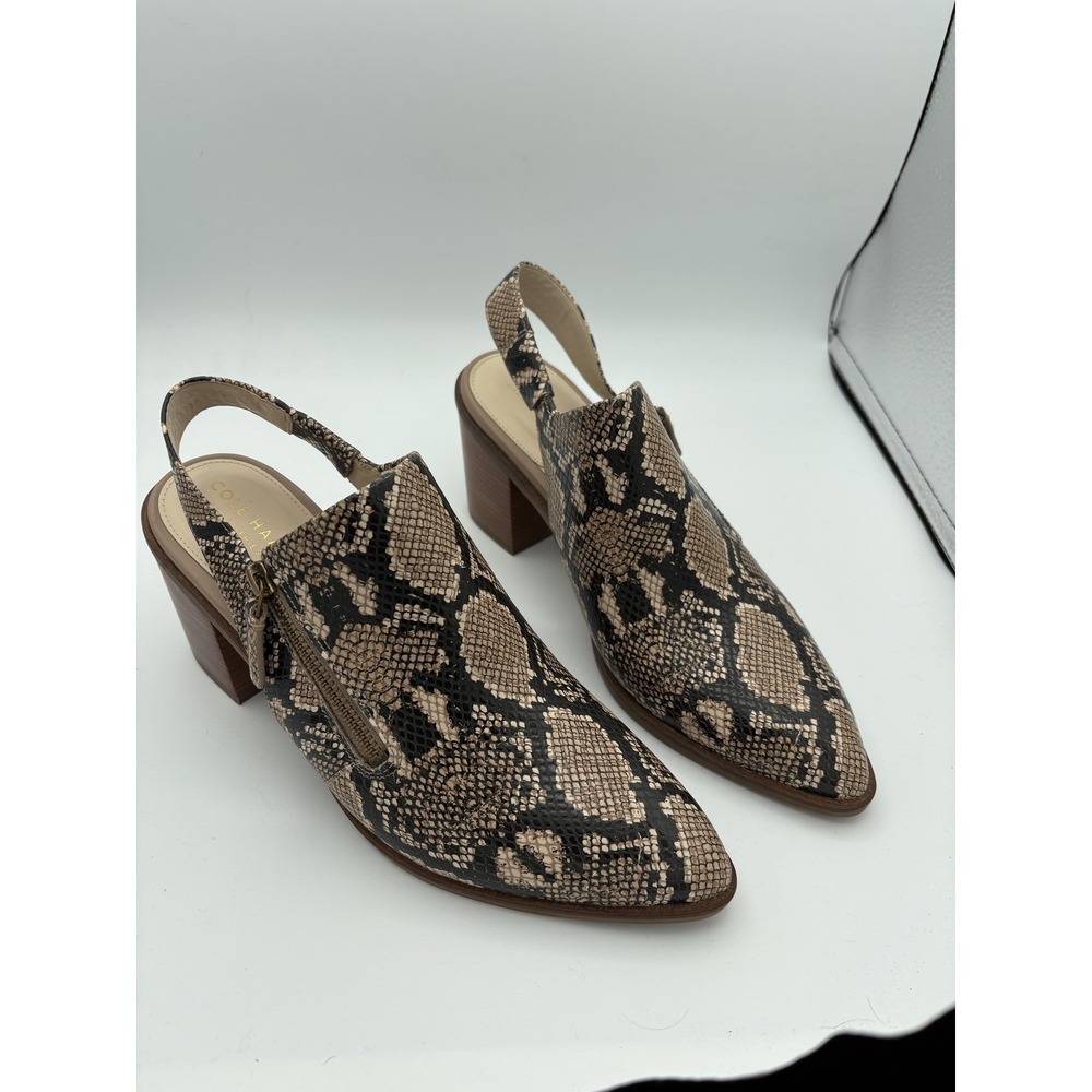 Cole Haan Shoes Womens Size 8.5 Beige Snake Slingback Block Heel Pointed‎ Toe
